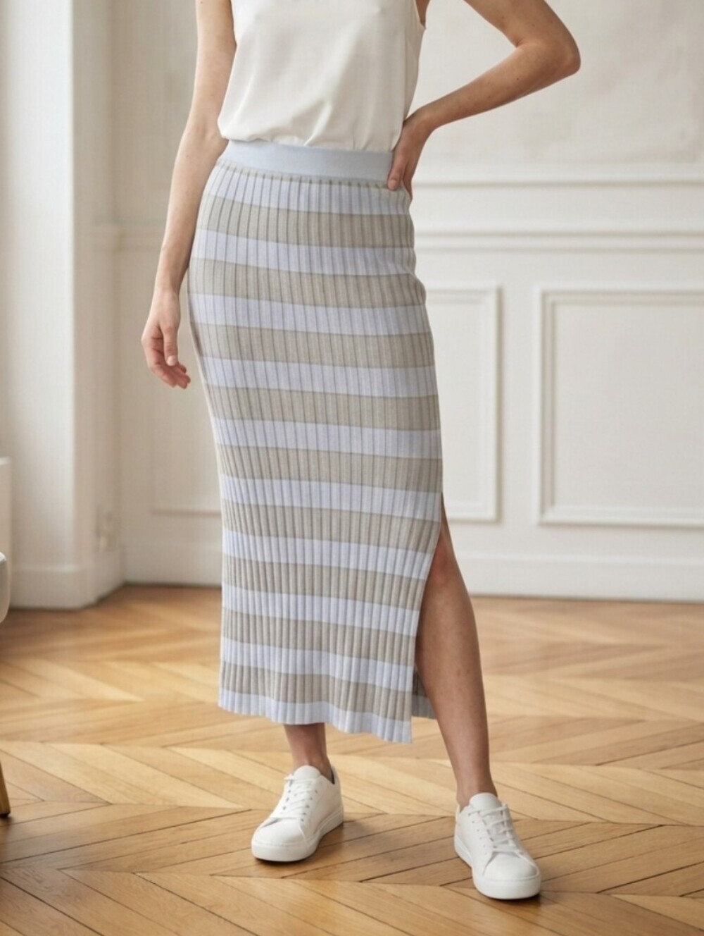 Callahan Knitwear Genny Midi Striped Skirt Size Large Color Glacier Lake